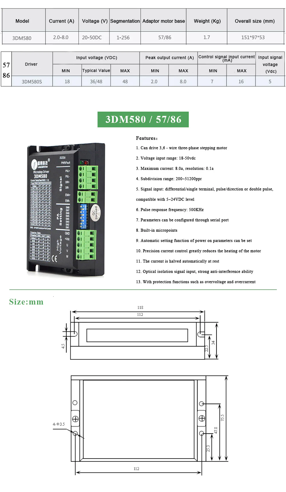 TEBAK 3 Phase Stepper Driver 3DM580 3DM683 with 57 Serial Step Motor 0.5-8.3A 20-60VDC for Nema23 Nema34 Motor Controller view 2