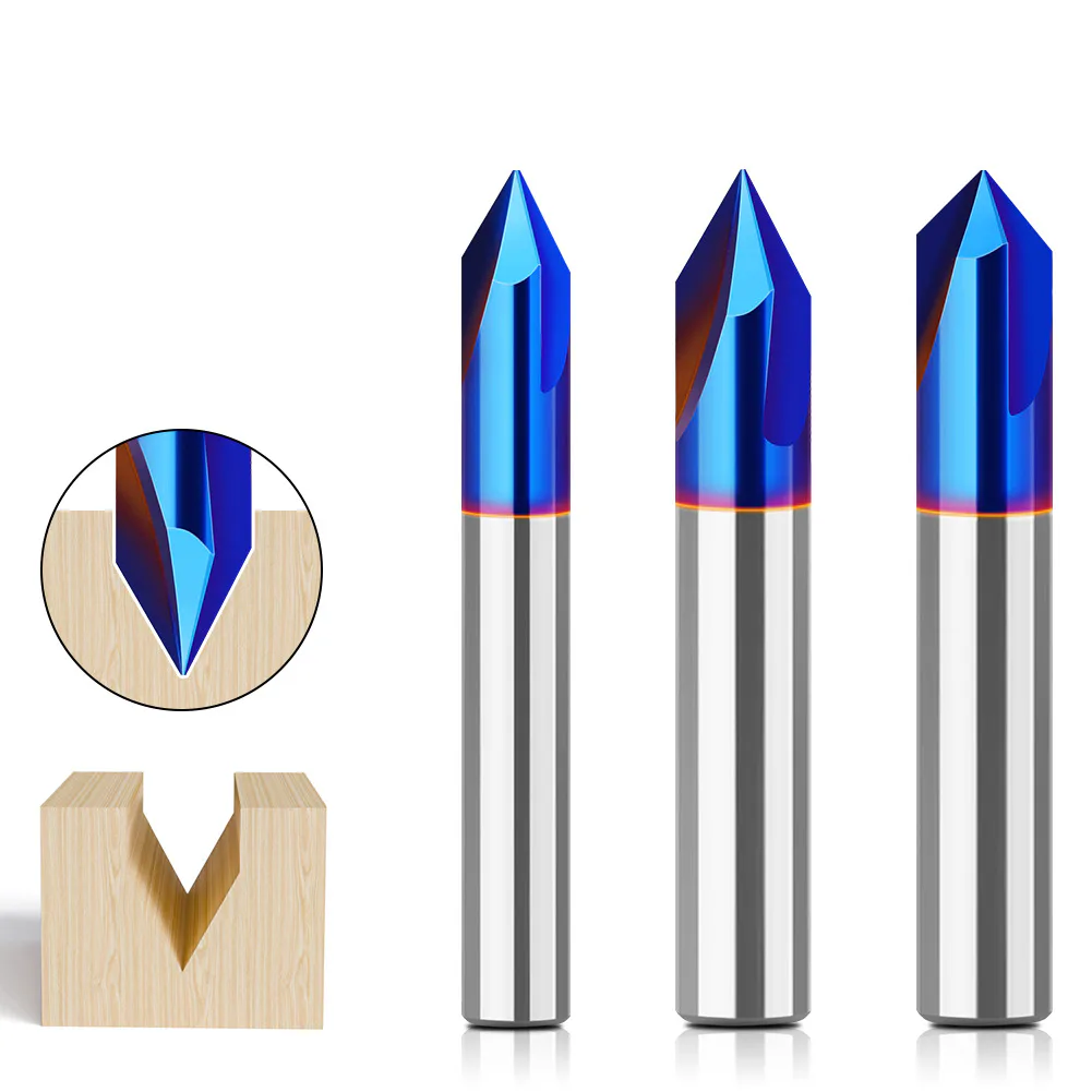 TEBAK 1/4 Inch and 8mm Shank TCT Mortising CNC V-type Nano Blue Router Bits 3 wings 60° and 90° Solid Alloy Slitting Woodworking Tool view 3