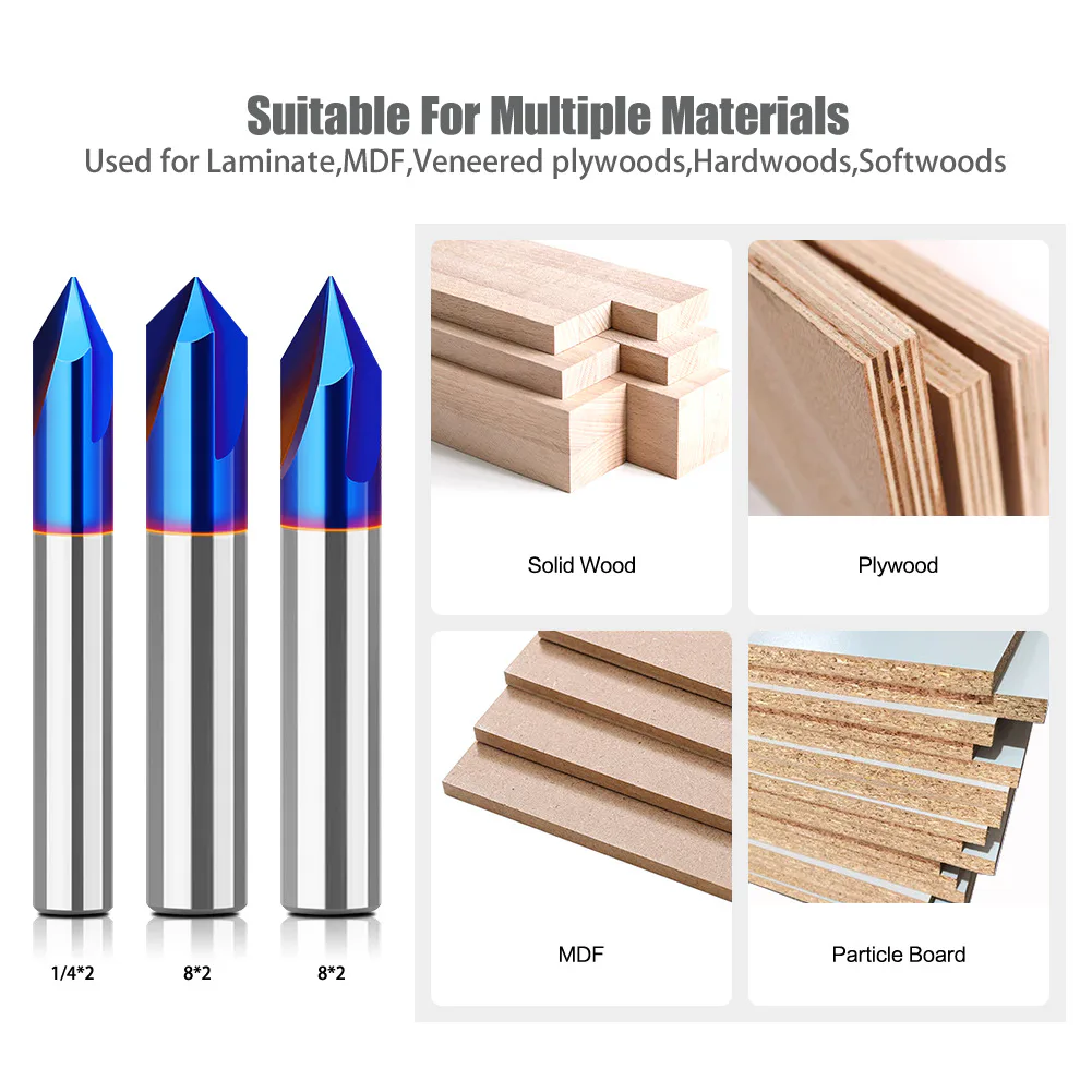 TEBAK 1/4 Inch and 8mm Shank TCT Mortising CNC V-type Nano Blue Router Bits 3 wings 60° and 90° Solid Alloy Slitting Woodworking Tool view 4