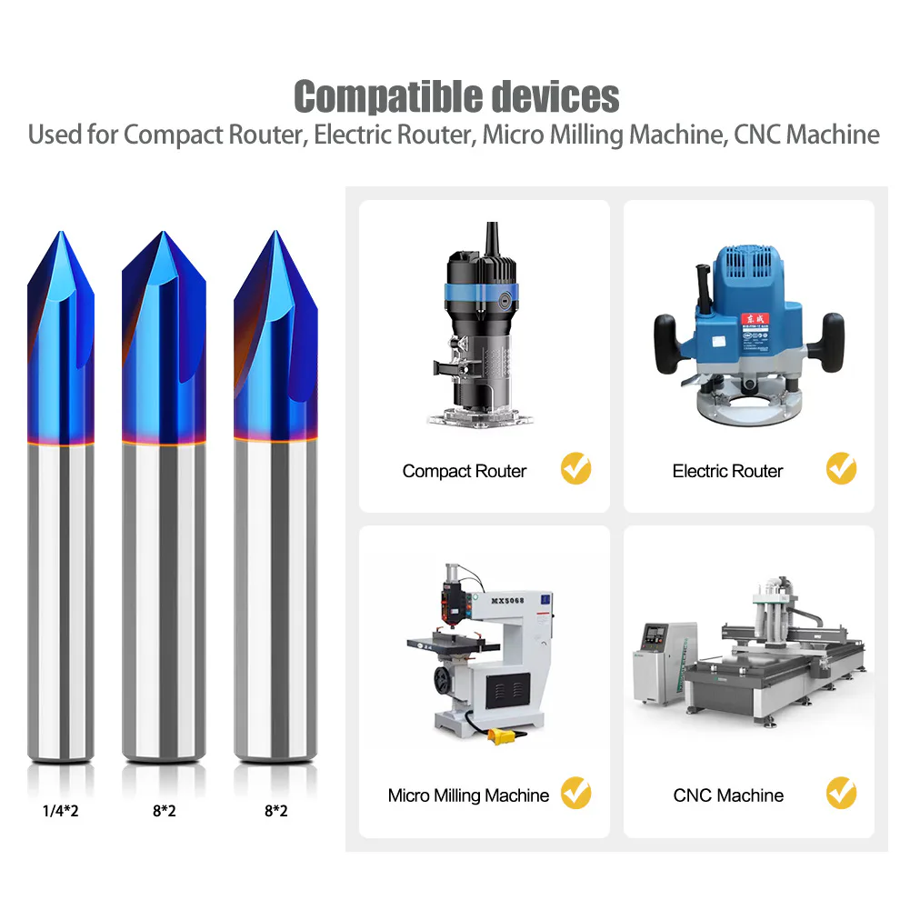 TEBAK 1/4 Inch and 8mm Shank TCT Mortising CNC V-type Nano Blue Router Bits 3 wings 60° and 90° Solid Alloy Slitting Woodworking Tool view 5