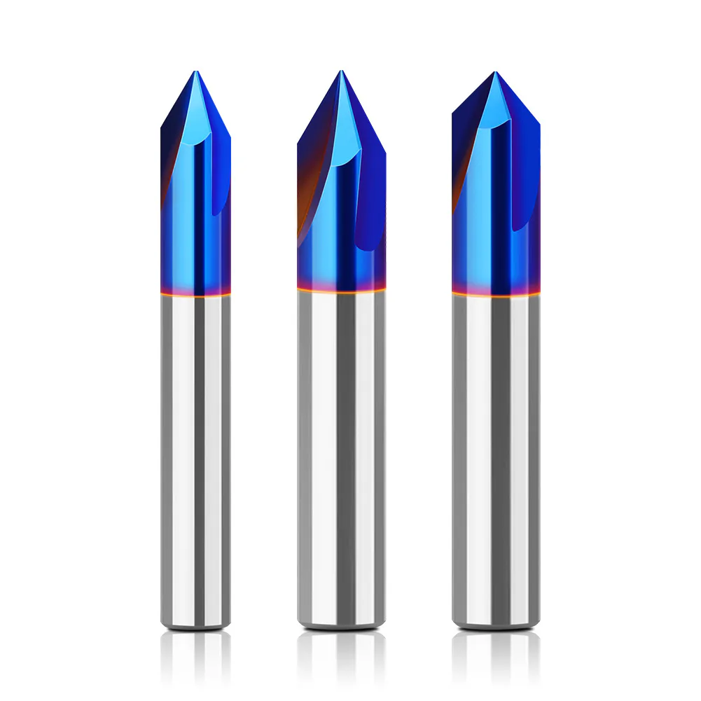 TEBAK 1/4 Inch and 8mm Shank TCT Mortising CNC V-type Nano Blue Router Bits 3 wings 60° and 90° Solid Alloy Slitting Woodworking Tool