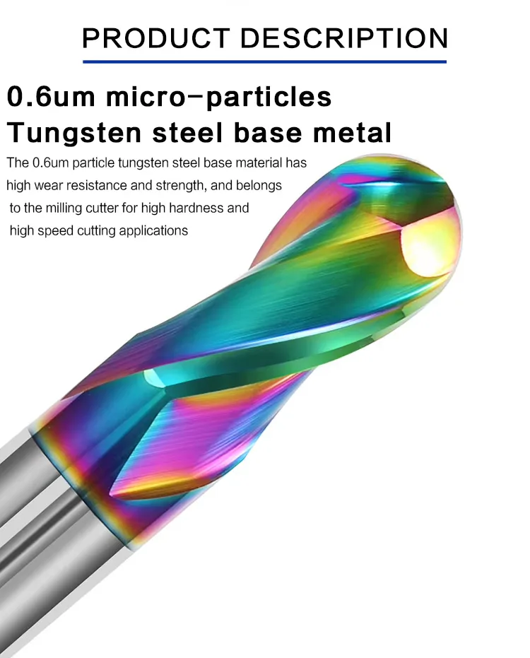 TEBAK 55-Degree Seven-Color Aluminum Ball Cutter DLC Coating 1mm Spiral Milling Cutter Carbide Ball End Mill view 4
