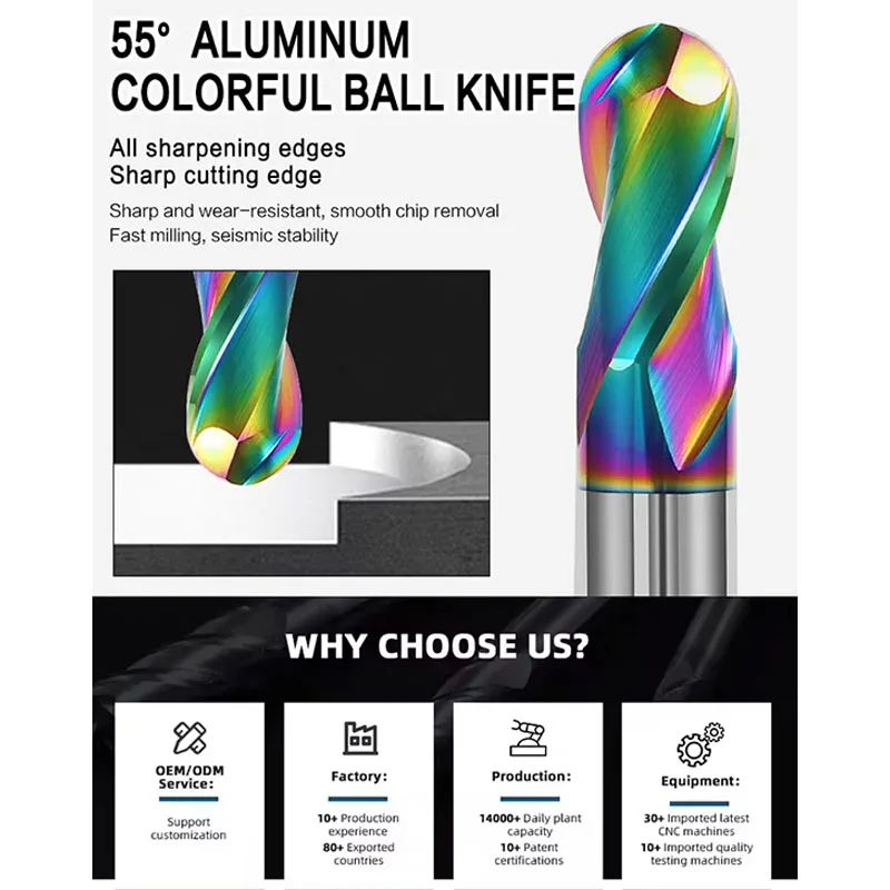 TEBAK 55-Degree Seven-Color Aluminum Ball Cutter DLC Coating 1mm Spiral Milling Cutter Carbide Ball End Mill view 6
