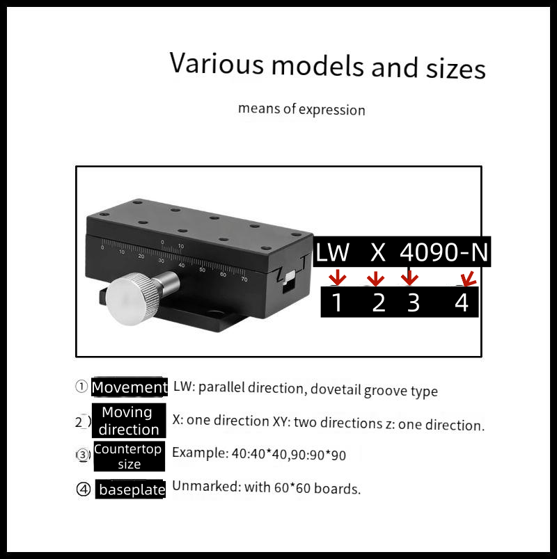 TEBAK Aluminum Fine-tuning Dovetail Groove Rack Pinion Sliding Table LWD2542/4040/4060/4090 for XYZ Axis Manual Displacement view 4